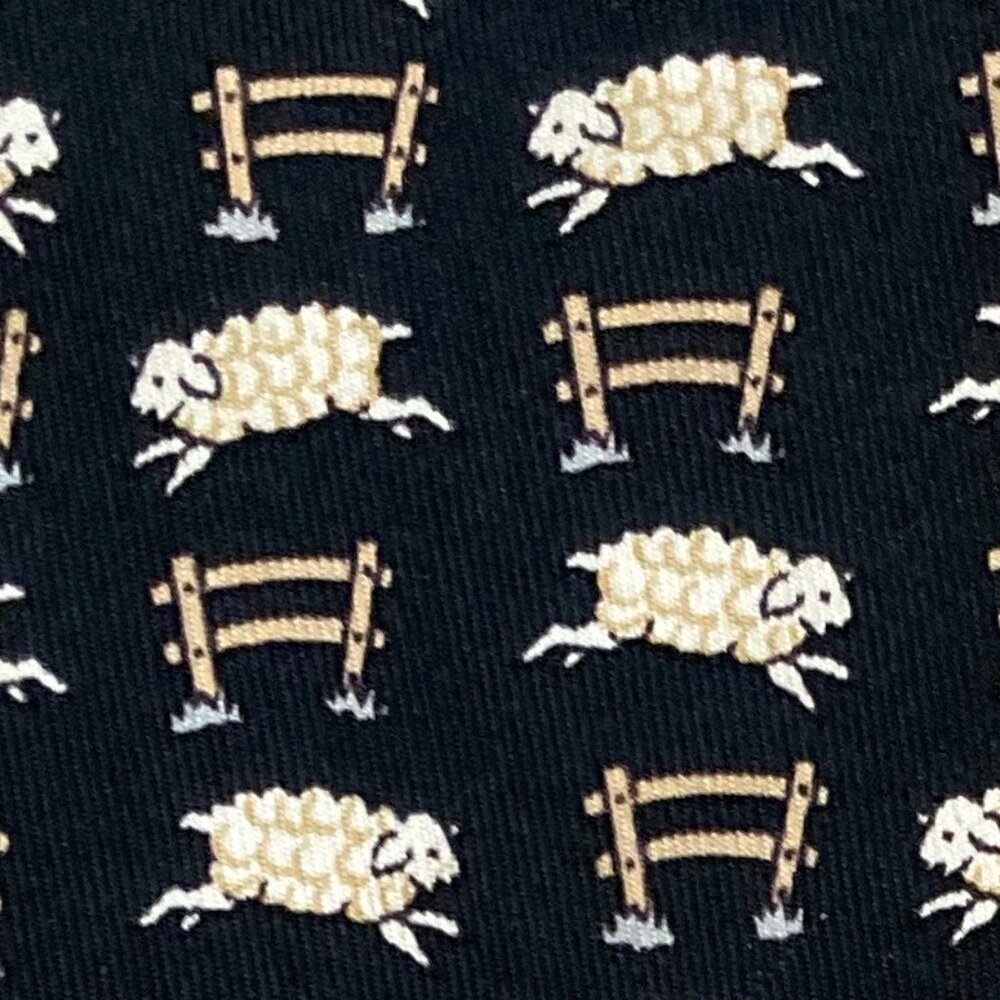 100% REAL HERMES TIE ~ BLACK w WHIMSICAL COUNTING SHEEP JUMPING OVER FENCES